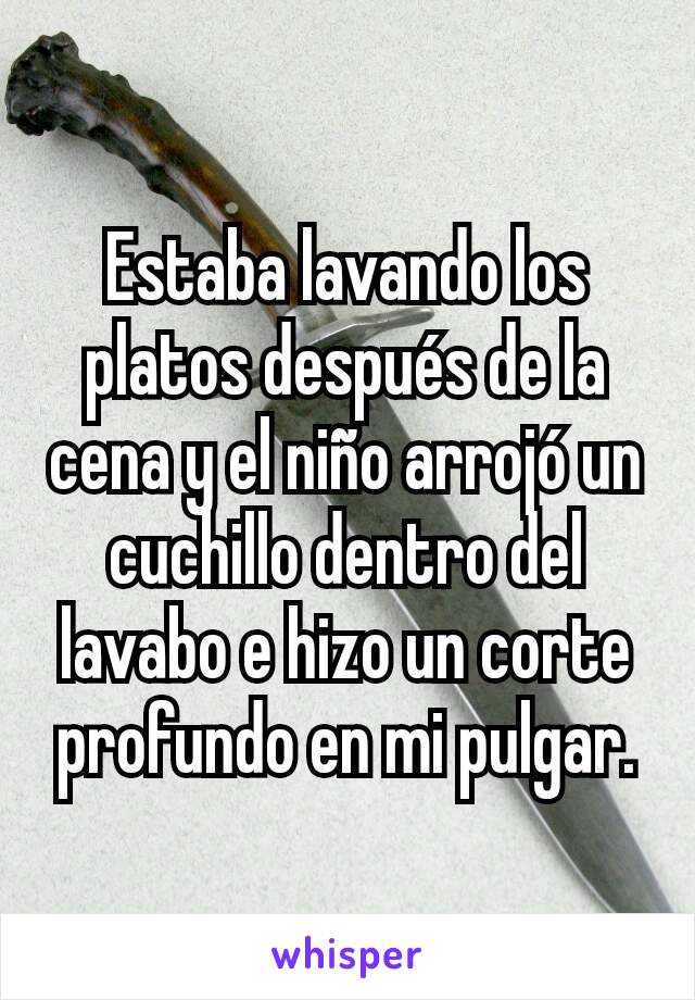 Estaba lavando los platos después de la cena y el niño arrojó un cuchillo dentro del lavabo e hizo un corte profundo en mi pulgar.