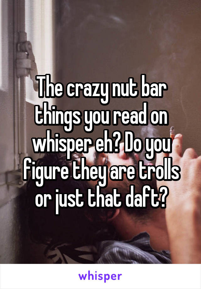 The crazy nut bar things you read on whisper eh? Do you figure they are trolls or just that daft?