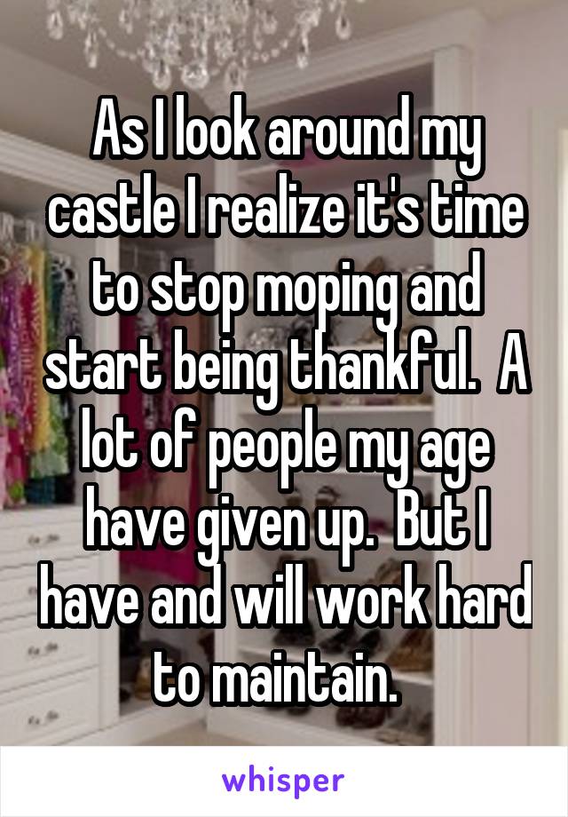 As I look around my castle I realize it's time to stop moping and start being thankful.  A lot of people my age have given up.  But I have and will work hard to maintain.  