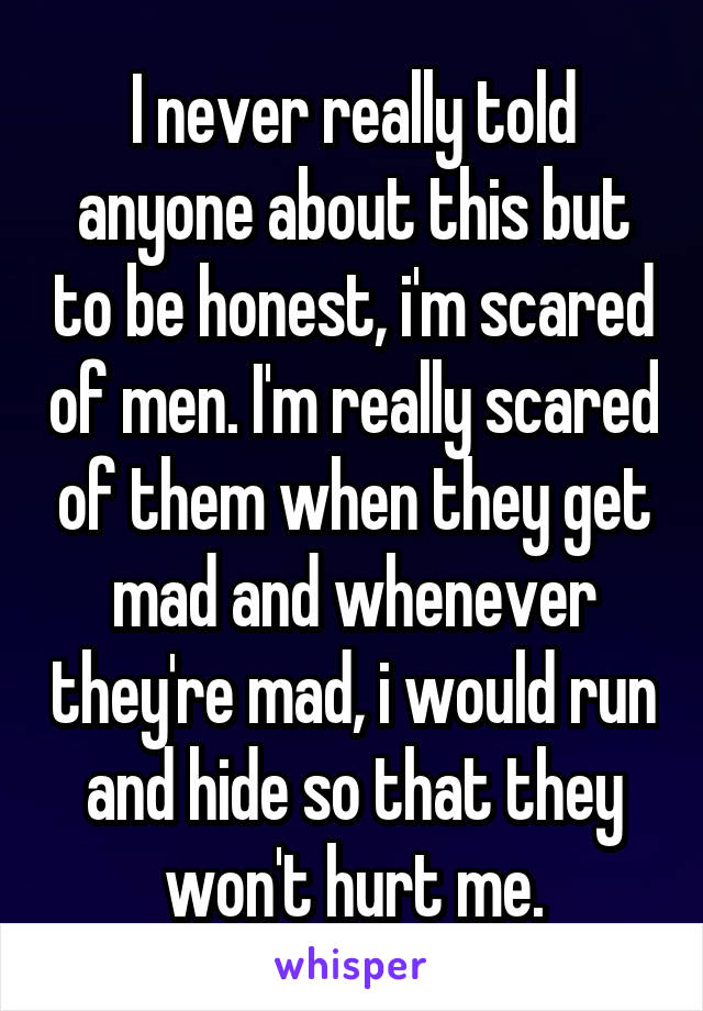 I never really told anyone about this but to be honest, i'm scared of men. I'm really scared of them when they get mad and whenever they're mad, i would run and hide so that they won't hurt me.