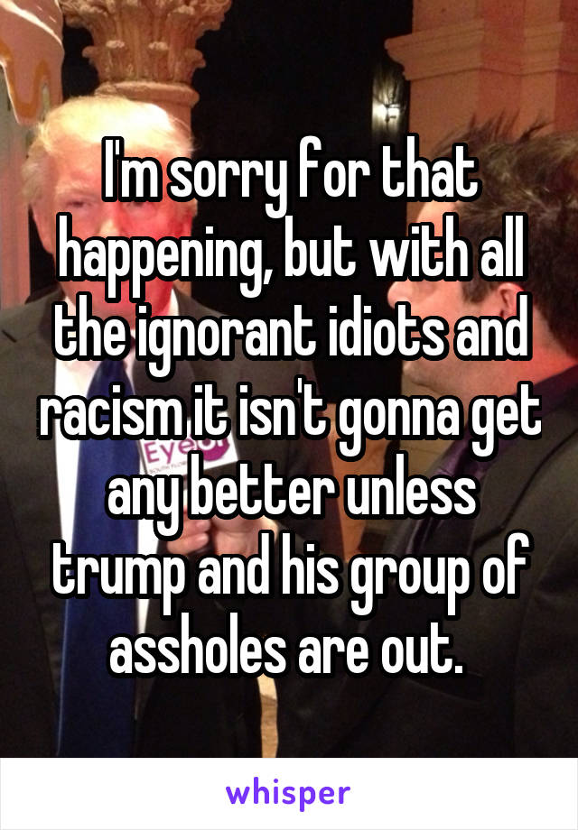 I'm sorry for that happening, but with all the ignorant idiots and racism it isn't gonna get any better unless trump and his group of assholes are out. 