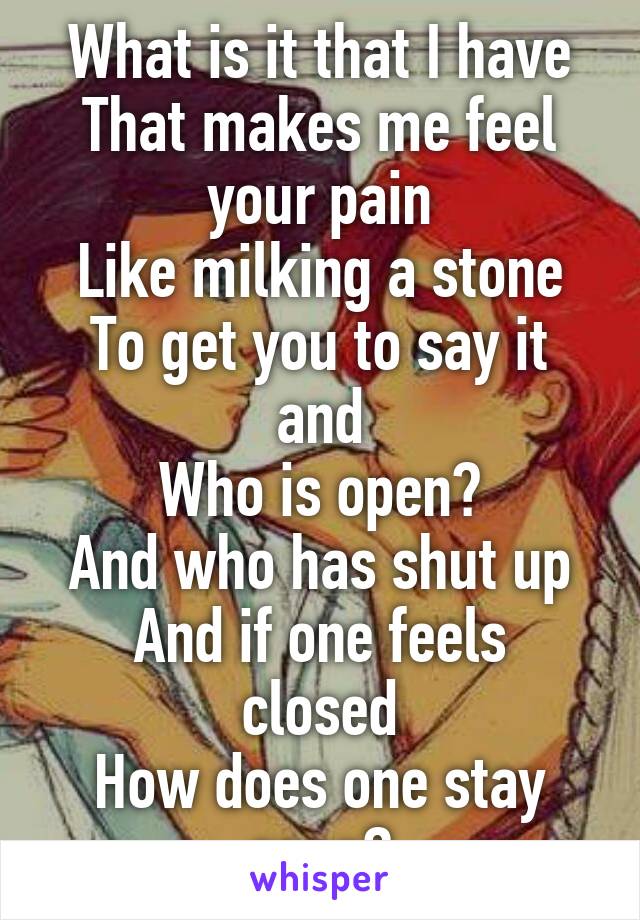 What is it that I have
That makes me feel your pain
Like milking a stone
To get you to say it and
Who is open?
And who has shut up
And if one feels closed
How does one stay open?