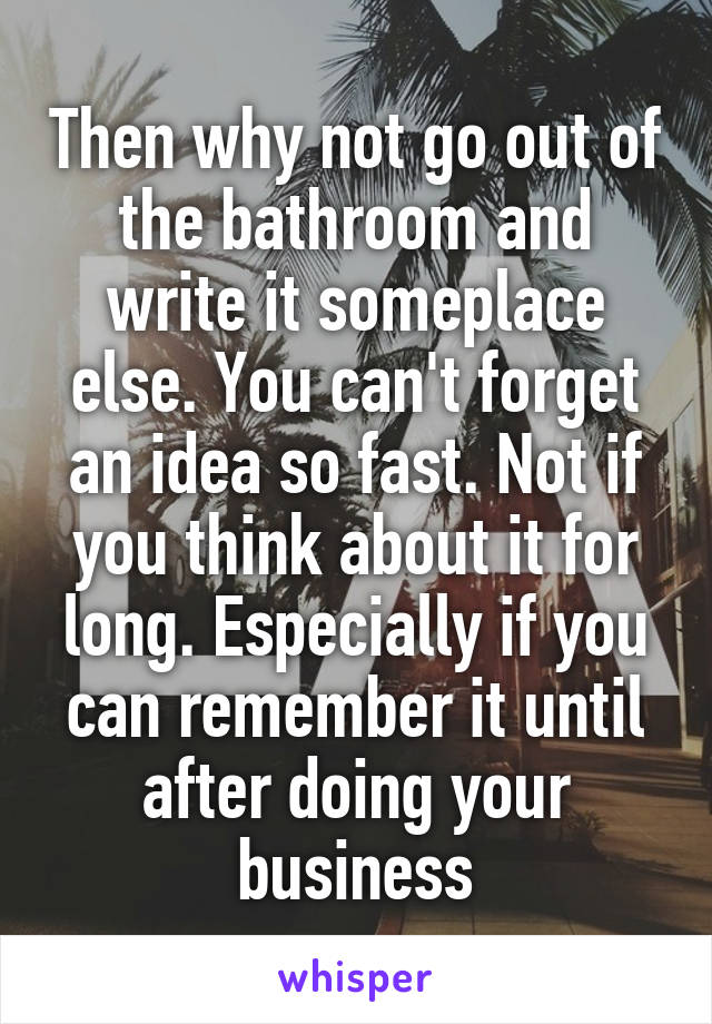 Then why not go out of the bathroom and write it someplace else. You can't forget an idea so fast. Not if you think about it for long. Especially if you can remember it until after doing your business