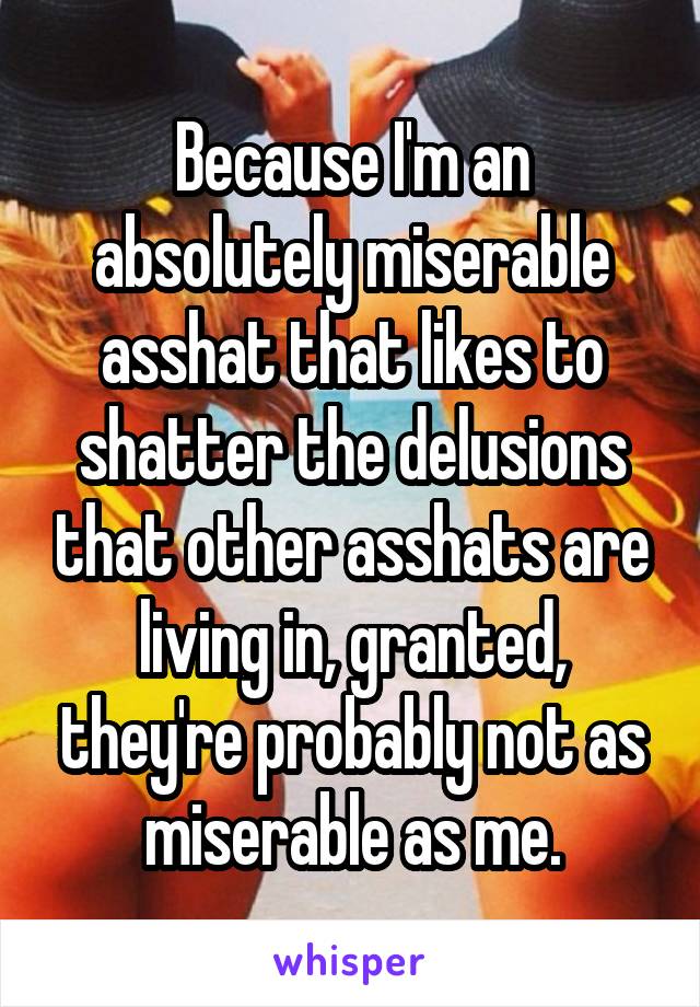 Because I'm an absolutely miserable asshat that likes to shatter the delusions that other asshats are living in, granted, they're probably not as miserable as me.