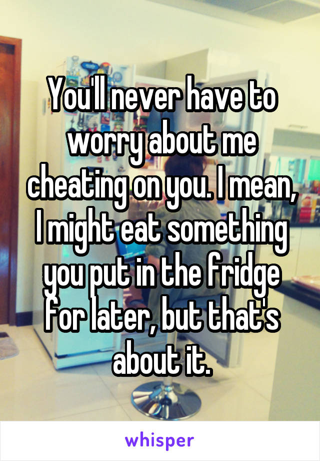 You'll never have to worry about me cheating on you. I mean, I might eat something you put in the fridge for later, but that's about it.