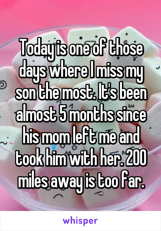 Today is one of those days where I miss my son the most. It's been almost 5 months since his mom left me and took him with her. 200 miles away is too far.