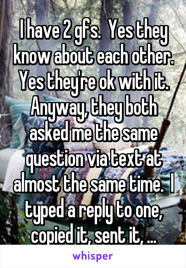 I have 2 gfs.  Yes they know about each other.  Yes they're ok with it.  Anyway, they both asked me the same question via text at almost the same time.  I typed a reply to one, copied it, sent it, ...