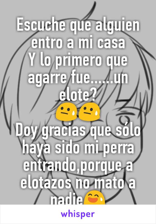 Escuche que alguien entro a mi casa
Y lo primero que agarre fue......un elote?
😓😓
Doy gracias que sólo haya sido mi perra entrando,porque a elotazos no mato a nadie😅