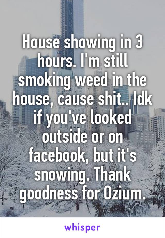 House showing in 3 hours. I'm still smoking weed in the house, cause shit.. Idk if you've looked outside or on facebook, but it's snowing. Thank goodness for Ozium.