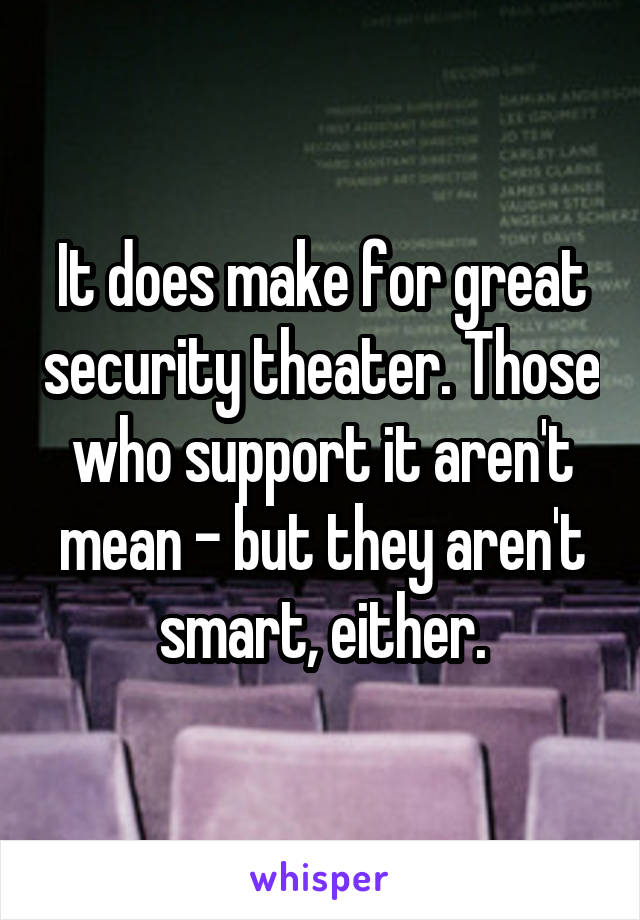 It does make for great security theater. Those who support it aren't mean - but they aren't smart, either.