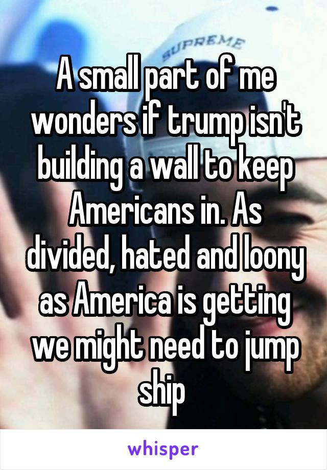 A small part of me wonders if trump isn't building a wall to keep Americans in. As divided, hated and loony as America is getting we might need to jump ship 