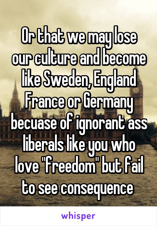 Or that we may lose our culture and become like Sweden, England France or Germany becuase of ignorant ass liberals like you who love "freedom" but fail to see consequence 