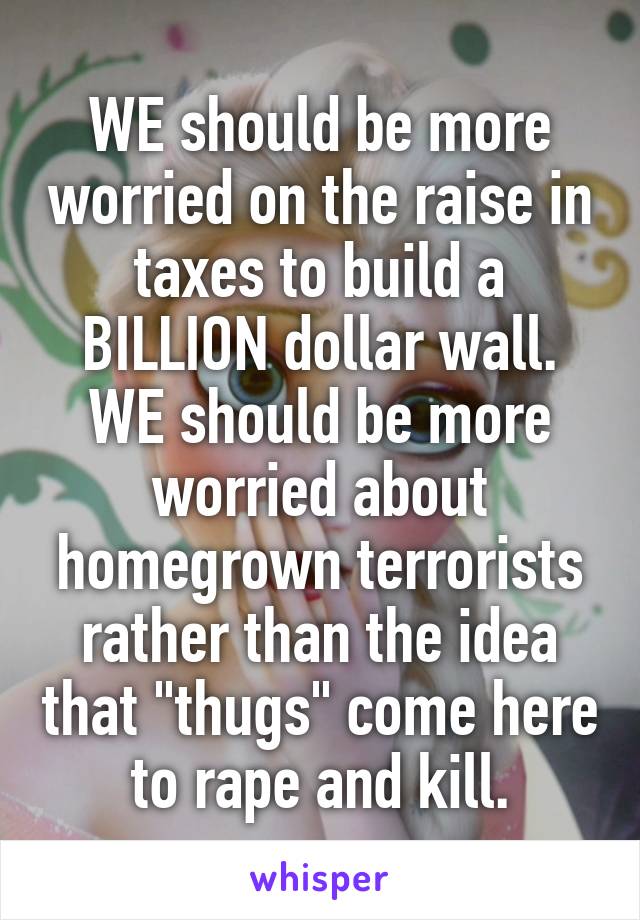 WE should be more worried on the raise in taxes to build a BILLION dollar wall. WE should be more worried about homegrown terrorists rather than the idea that "thugs" come here to rape and kill.