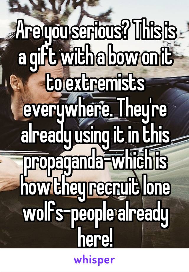 Are you serious? This is a gift with a bow on it to extremists everywhere. They're already using it in this propaganda-which is how they recruit lone wolfs-people already here!