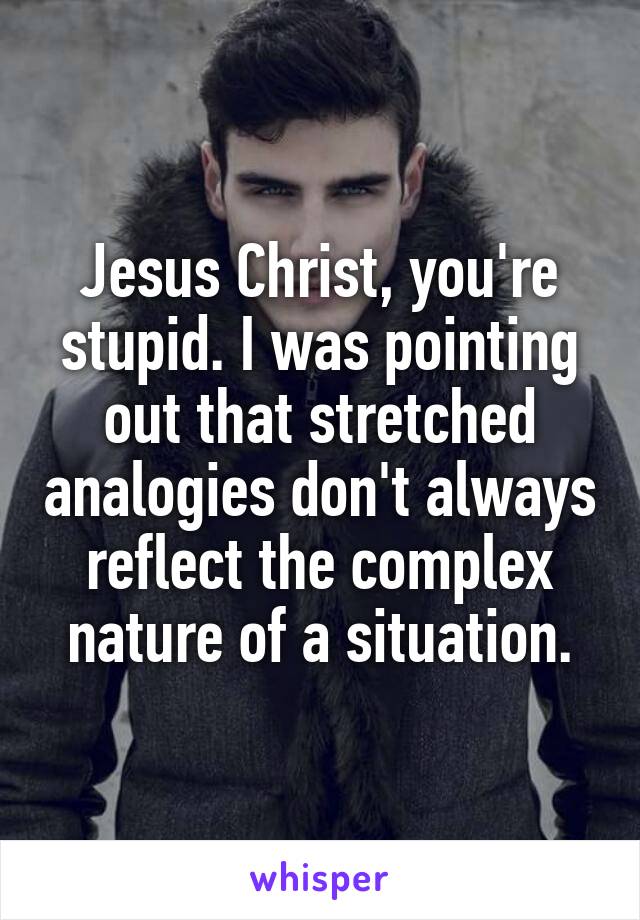 Jesus Christ, you're stupid. I was pointing out that stretched analogies don't always reflect the complex nature of a situation.