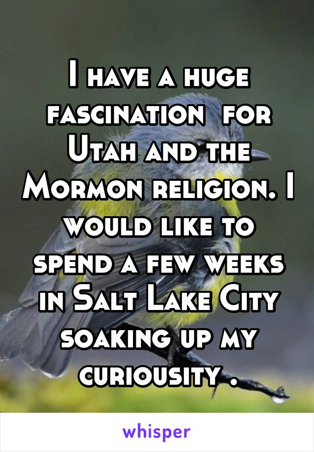 I have a huge fascination  for Utah and the Mormon religion. I would like to spend a few weeks in Salt Lake City soaking up my curiousity .