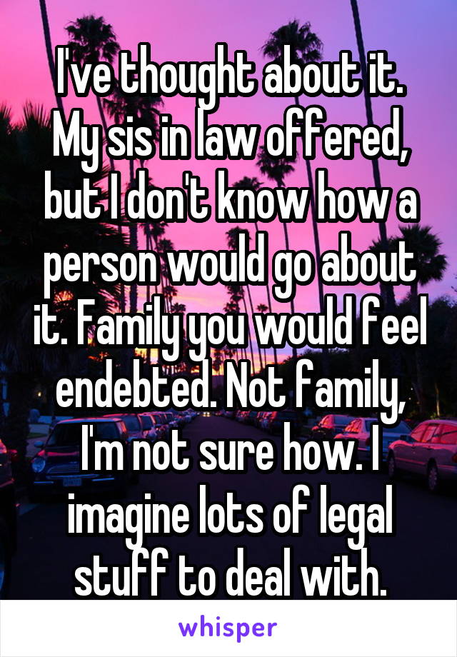 I've thought about it. My sis in law offered, but I don't know how a person would go about it. Family you would feel endebted. Not family, I'm not sure how. I imagine lots of legal stuff to deal with.