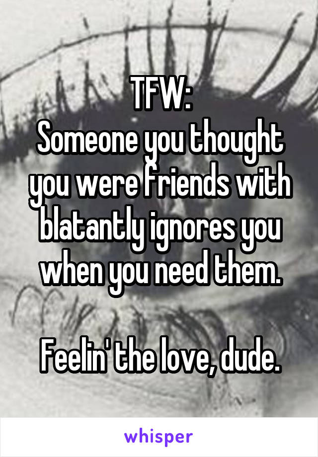 TFW:
Someone you thought you were friends with blatantly ignores you when you need them.

Feelin' the love, dude.