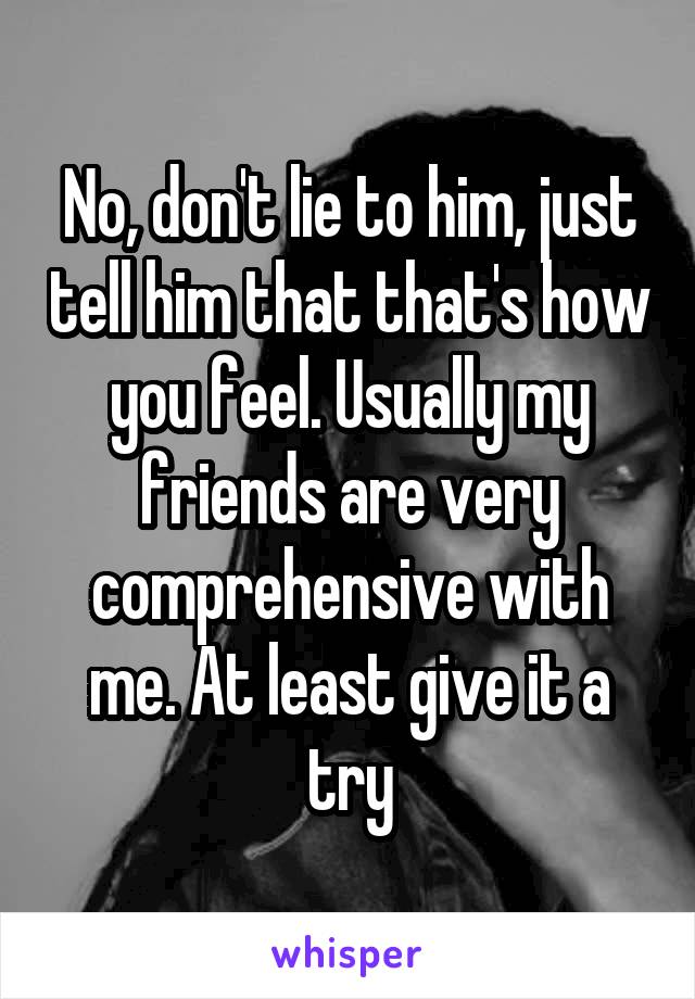 No, don't lie to him, just tell him that that's how you feel. Usually my friends are very comprehensive with me. At least give it a try