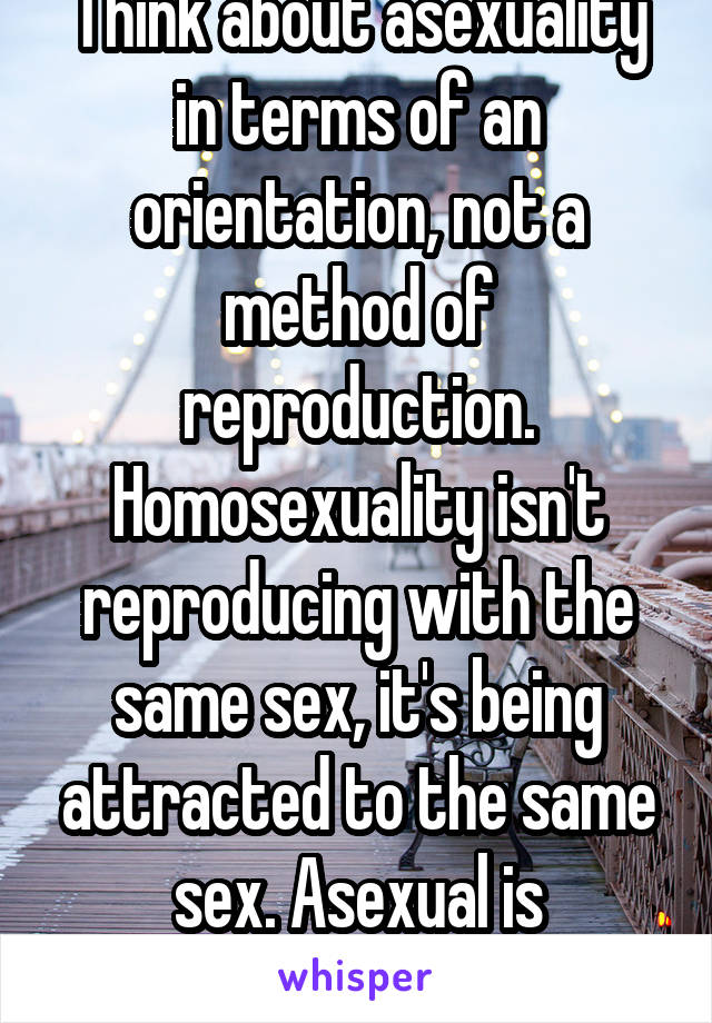 Think about asexuality in terms of an orientation, not a method of reproduction. Homosexuality isn't reproducing with the same sex, it's being attracted to the same sex. Asexual is attracted to no one