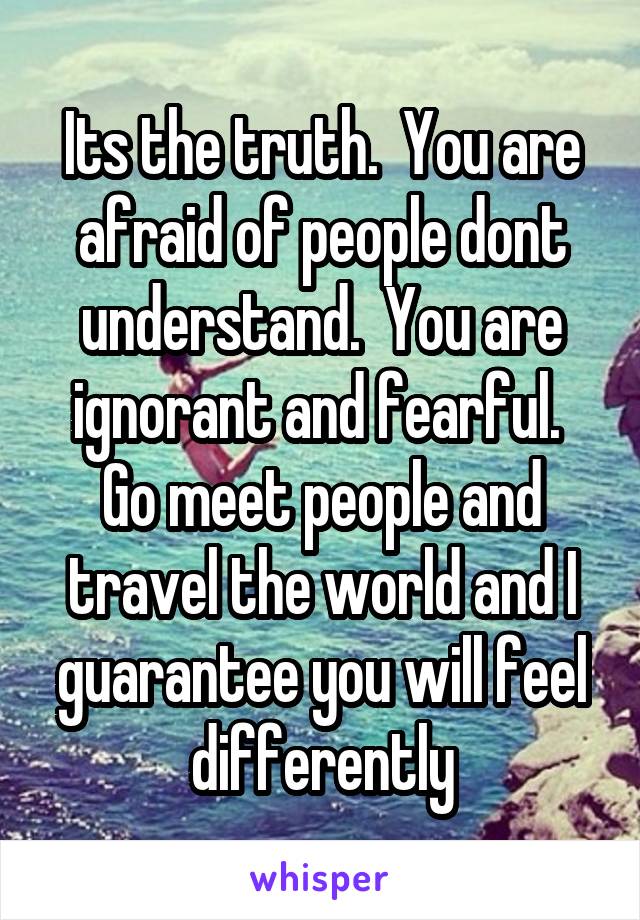 Its the truth.  You are afraid of people dont understand.  You are ignorant and fearful.  Go meet people and travel the world and I guarantee you will feel differently