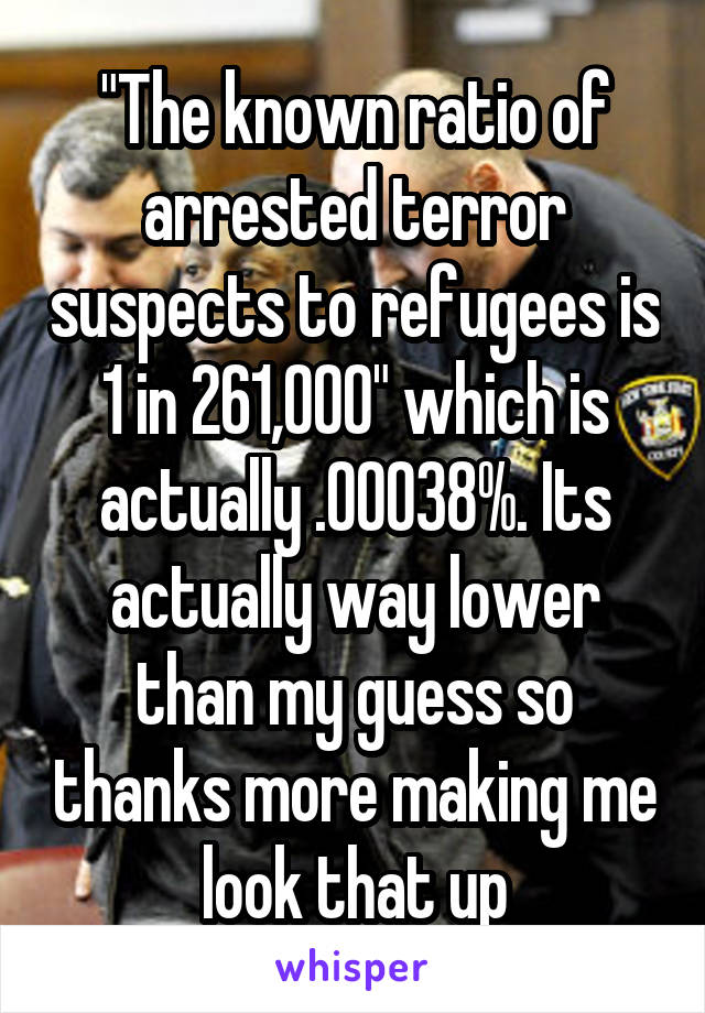 "The known ratio of arrested terror suspects to refugees is 1 in 261,000" which is actually .00038%. Its actually way lower than my guess so thanks more making me look that up