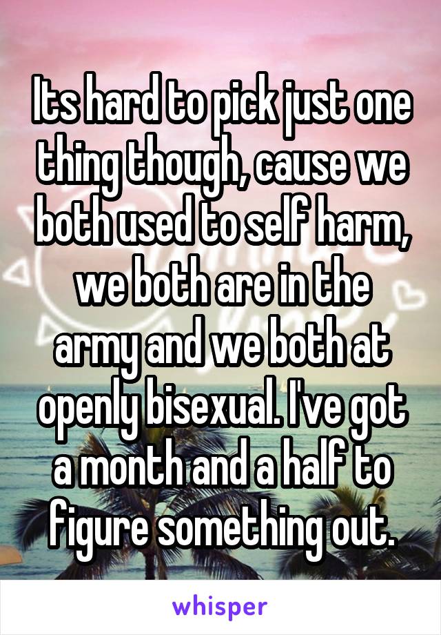 Its hard to pick just one thing though, cause we both used to self harm, we both are in the army and we both at openly bisexual. I've got a month and a half to figure something out.