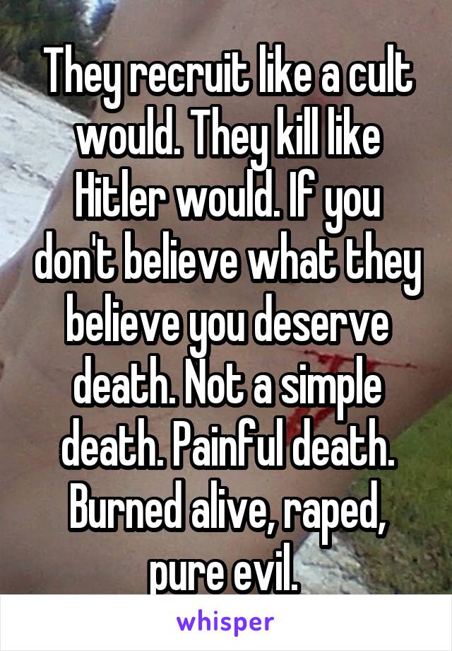 They recruit like a cult would. They kill like Hitler would. If you don't believe what they believe you deserve death. Not a simple death. Painful death. Burned alive, raped, pure evil. 