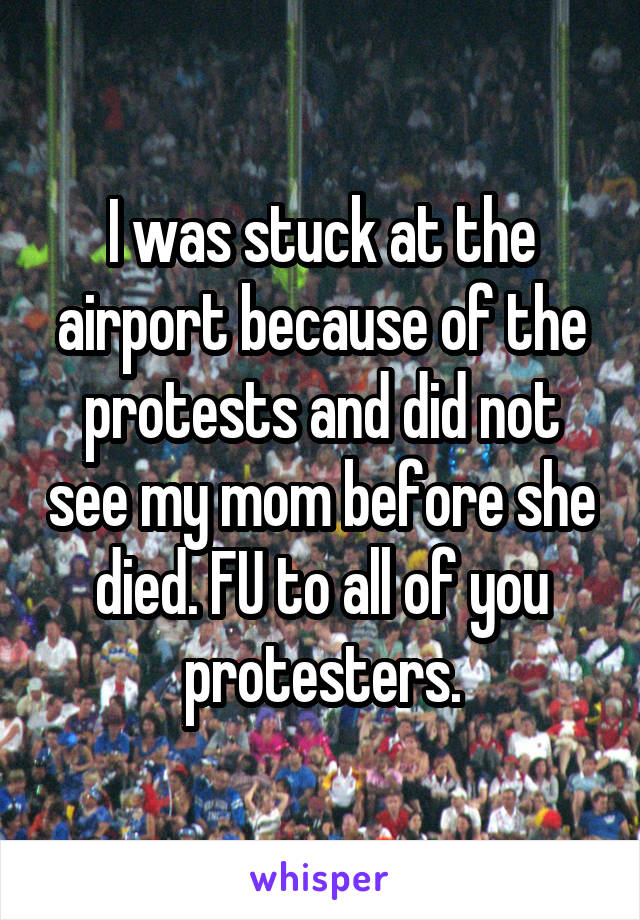 I was stuck at the airport because of the protests and did not see my mom before she died. FU to all of you protesters.