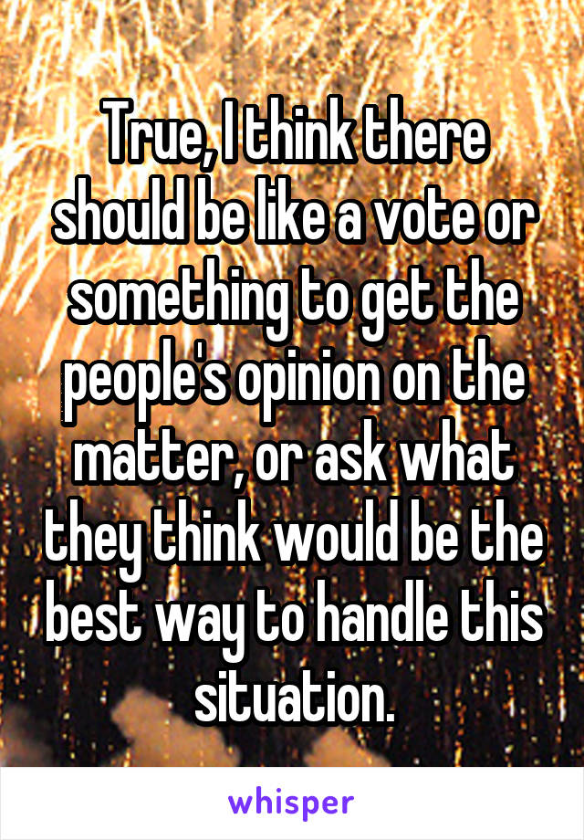 True, I think there should be like a vote or something to get the people's opinion on the matter, or ask what they think would be the best way to handle this situation.