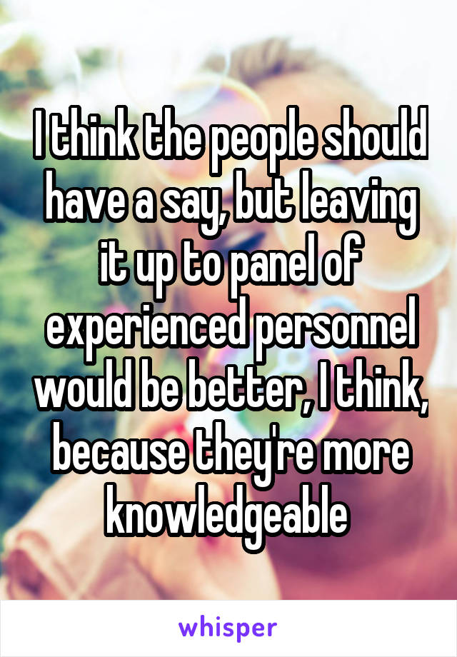 I think the people should have a say, but leaving it up to panel of experienced personnel would be better, I think, because they're more knowledgeable 