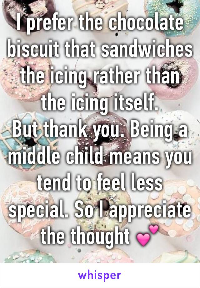 I prefer the chocolate biscuit that sandwiches the icing rather than the icing itself. 
But thank you. Being a middle child means you tend to feel less special. So I appreciate the thought 💕