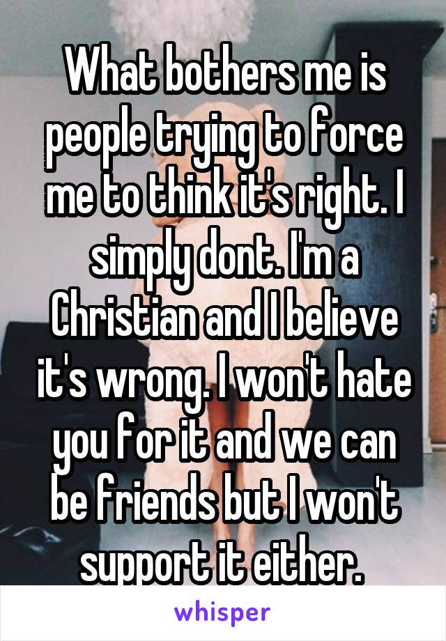 What bothers me is people trying to force me to think it's right. I simply dont. I'm a Christian and I believe it's wrong. I won't hate you for it and we can be friends but I won't support it either. 