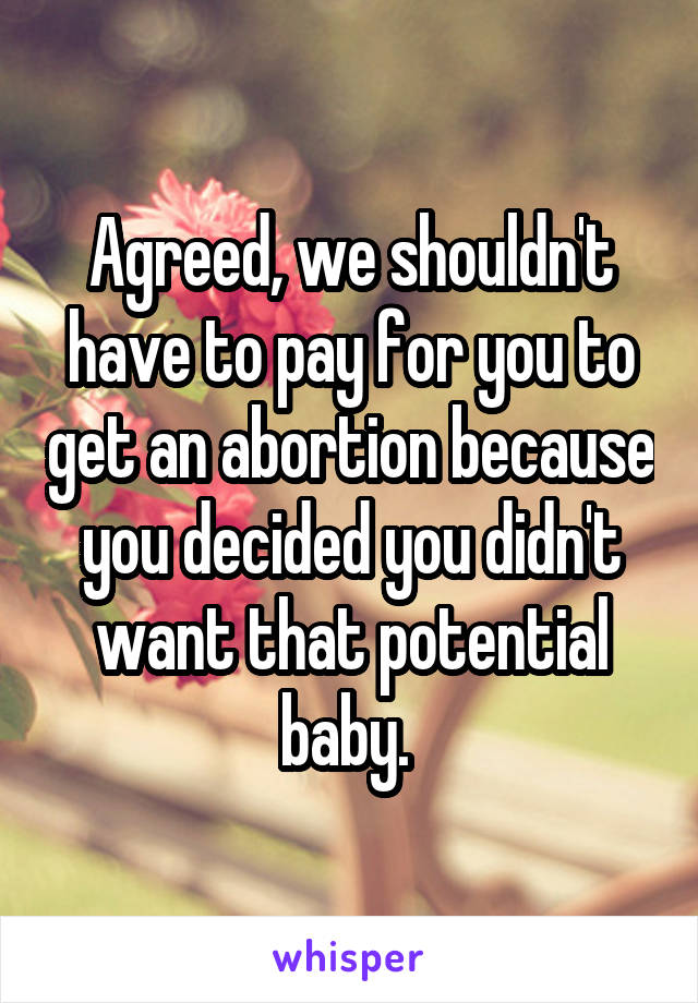 Agreed, we shouldn't have to pay for you to get an abortion because you decided you didn't want that potential baby. 