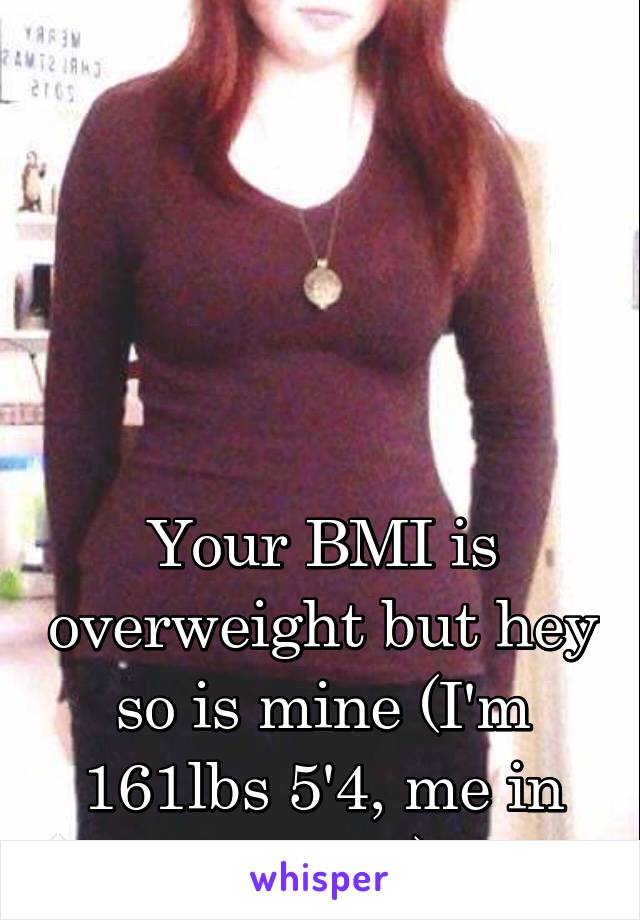 





Your BMI is overweight but hey so is mine (I'm 161lbs 5'4, me in picture)
