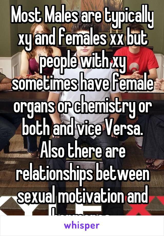 Most Males are typically xy and females xx but people with xy sometimes have female organs or chemistry or both and vice Versa. Also there are relationships between sexual motivation and hormones.