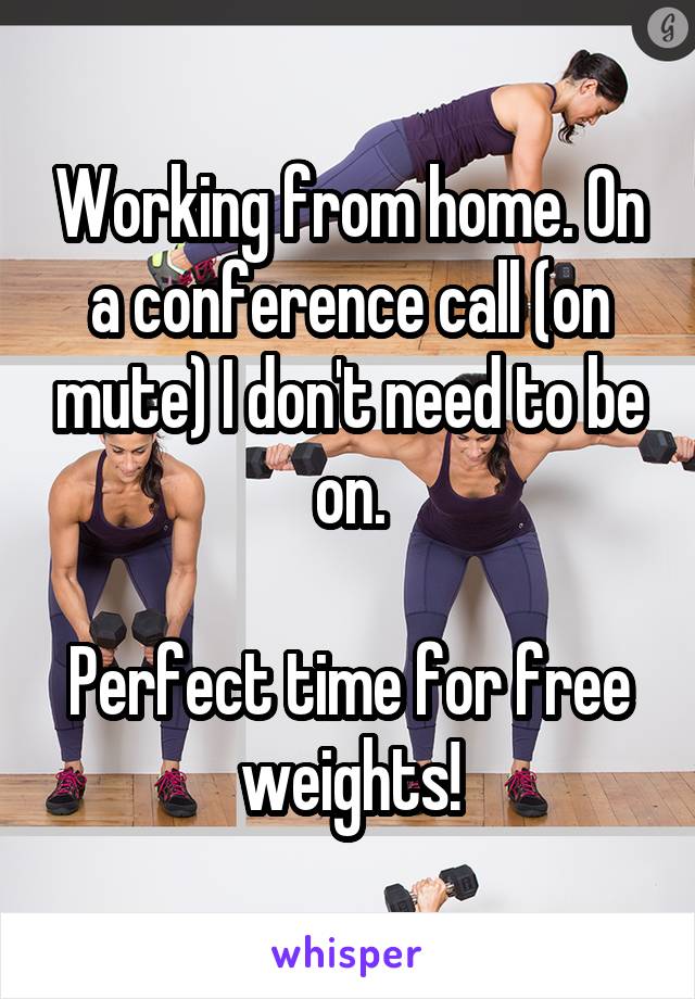 Working from home. On a conference call (on mute) I don't need to be on.

Perfect time for free weights!