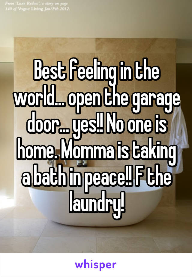 Best feeling in the world... open the garage door... yes!! No one is home. Momma is taking a bath in peace!! F the laundry!