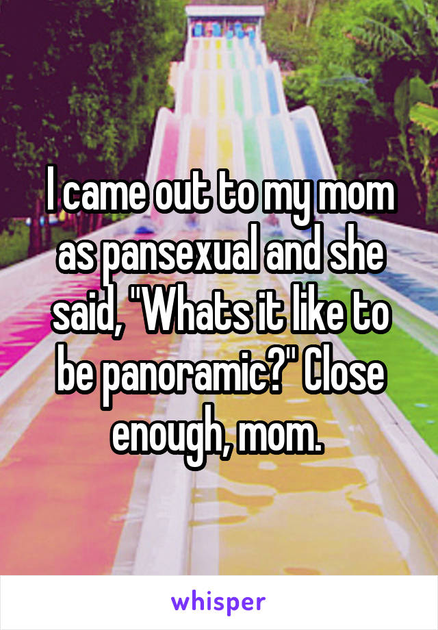 I came out to my mom as pansexual and she said, "Whats it like to be panoramic?" Close enough, mom. 