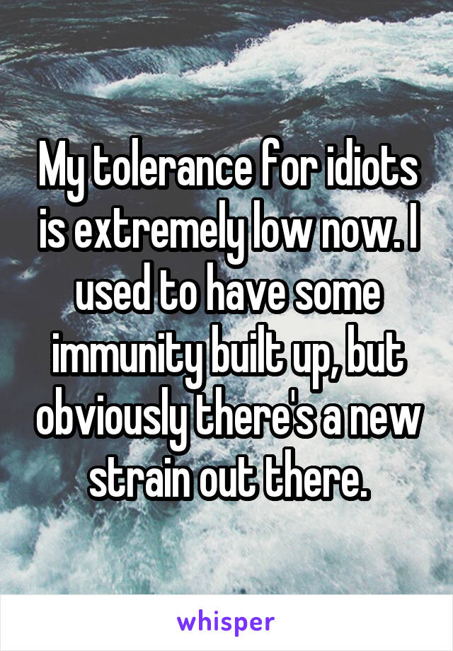 My tolerance for idiots is extremely low now. I used to have some immunity built up, but obviously there's a new strain out there.