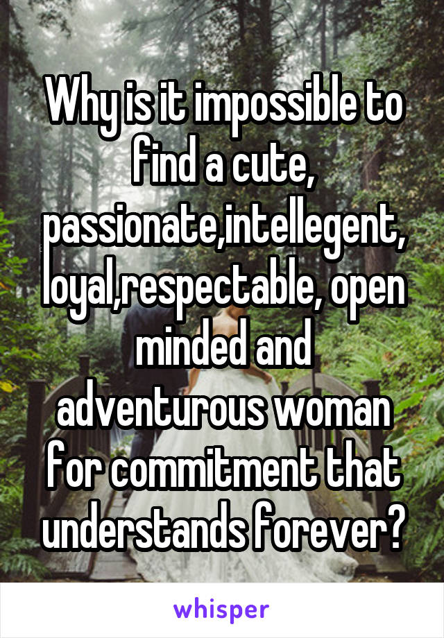 Why is it impossible to find a cute, passionate,intellegent, loyal,respectable, open minded and adventurous woman for commitment that understands forever?