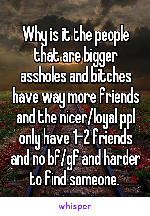 Why is it the people that are bigger assholes and bitches have way more friends and the nicer/loyal ppl only have 1-2 friends and no bf/gf and harder to find someone. 