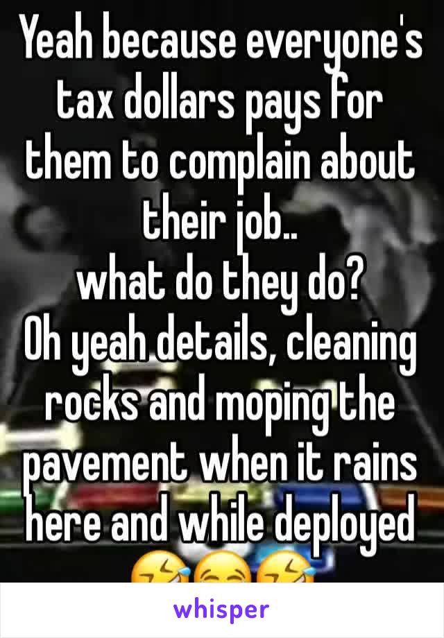 Yeah because everyone's tax dollars pays for them to complain about their job..
what do they do? 
Oh yeah details, cleaning rocks and moping the pavement when it rains here and while deployed
🤣😂🤣