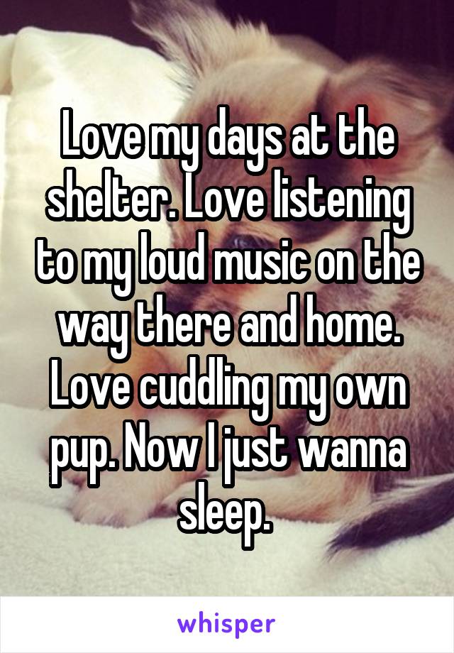 Love my days at the shelter. Love listening to my loud music on the way there and home. Love cuddling my own pup. Now I just wanna sleep. 