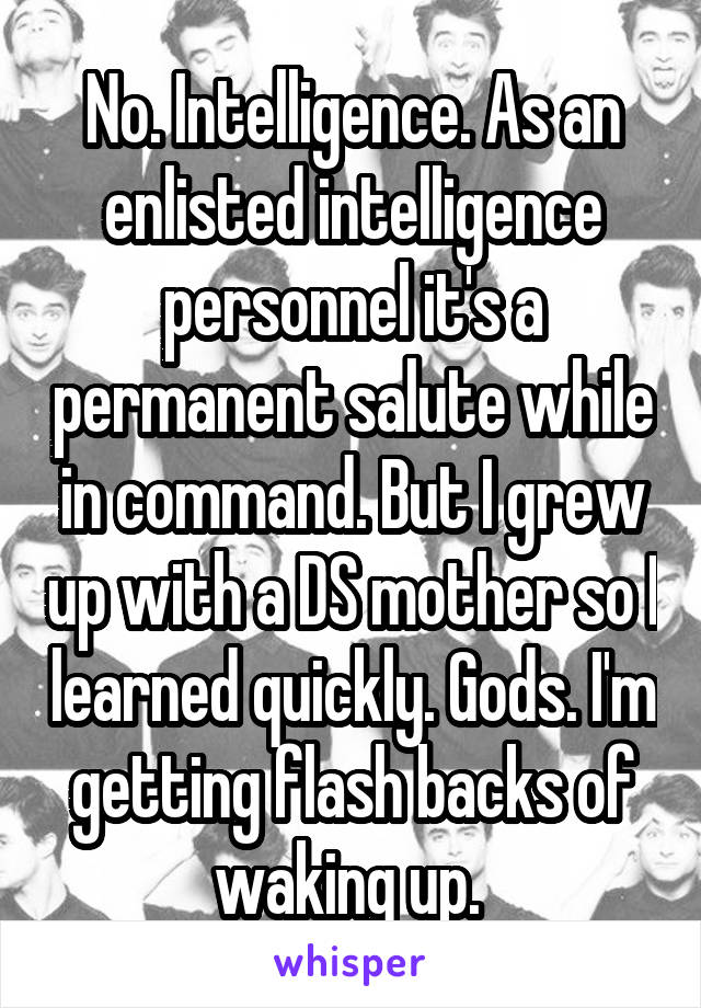 No. Intelligence. As an enlisted intelligence personnel it's a permanent salute while in command. But I grew up with a DS mother so I learned quickly. Gods. I'm getting flash backs of waking up. 