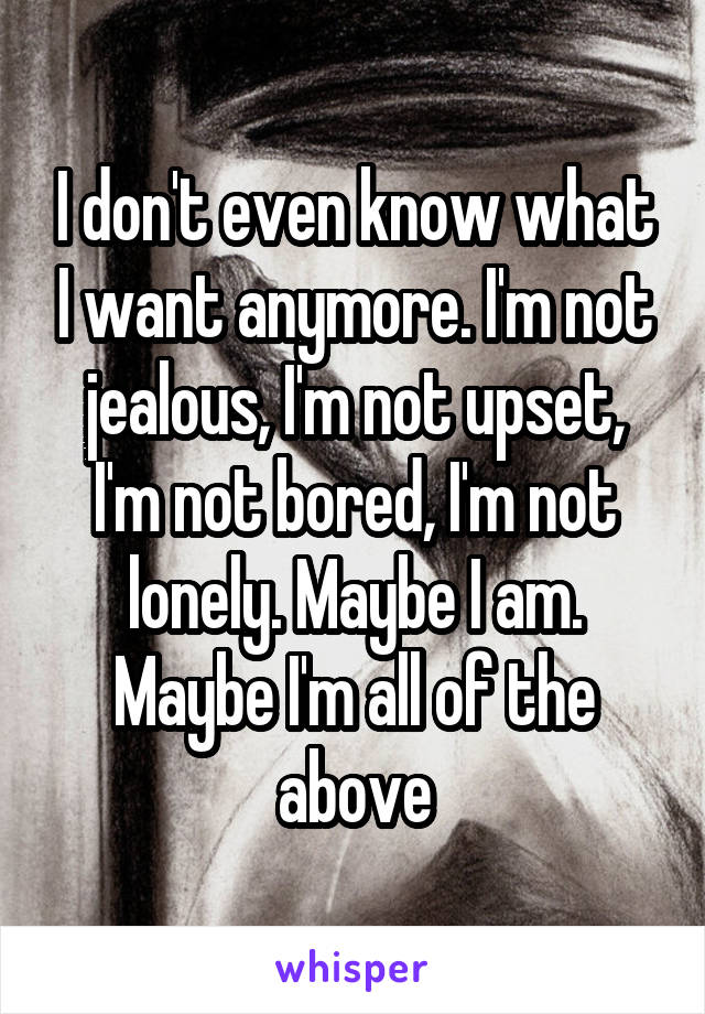 I don't even know what I want anymore. I'm not jealous, I'm not upset, I'm not bored, I'm not lonely. Maybe I am. Maybe I'm all of the above