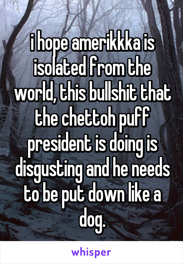 i hope amerikkka is isolated from the world, this bullshit that the chettoh puff president is doing is disgusting and he needs to be put down like a dog.