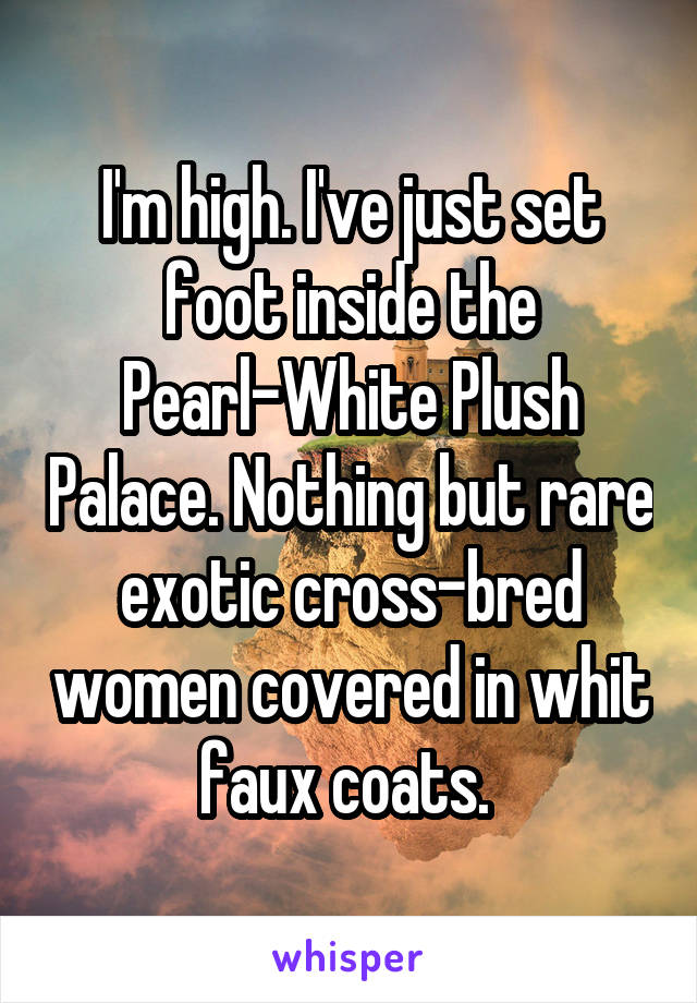 I'm high. I've just set foot inside the Pearl-White Plush Palace. Nothing but rare exotic cross-bred women covered in whit faux coats. 