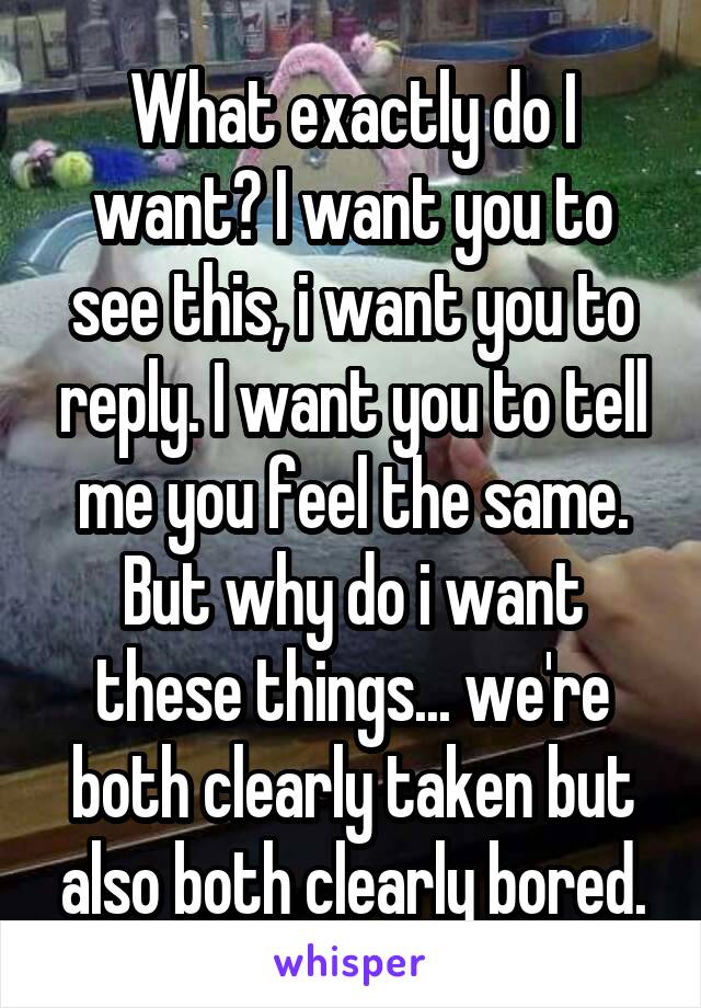 What exactly do I want? I want you to see this, i want you to reply. I want you to tell me you feel the same. But why do i want these things... we're both clearly taken but also both clearly bored.