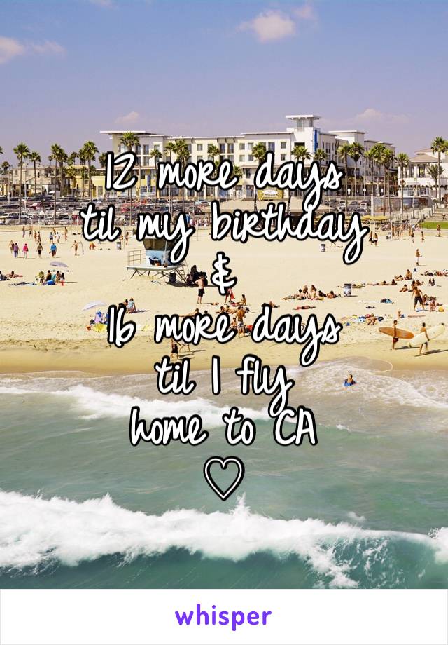 
12 more days 
til my birthday 
& 
16 more days 
til I fly 
home to CA 
♡ 